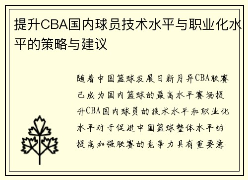 提升CBA国内球员技术水平与职业化水平的策略与建议